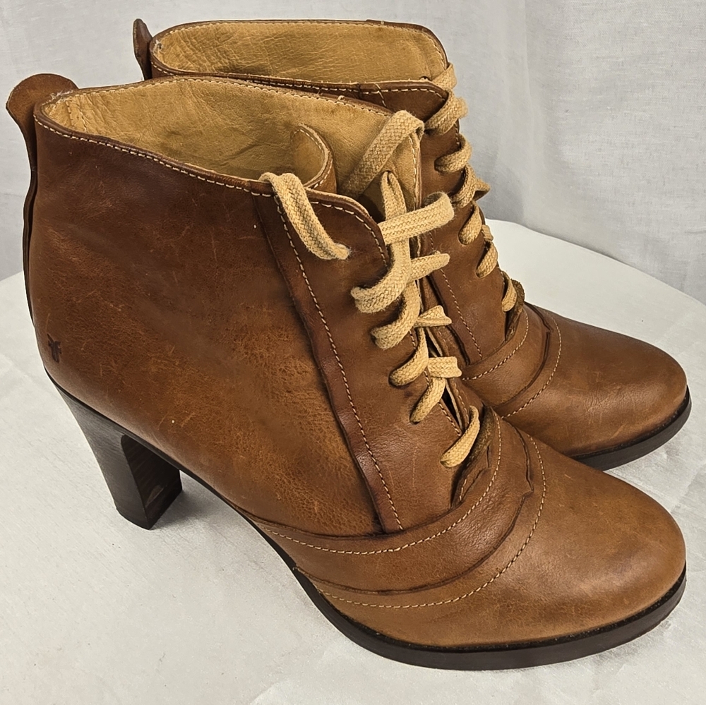 Frye Brown Bella Lace Up Leather Heeled Ankle Boots